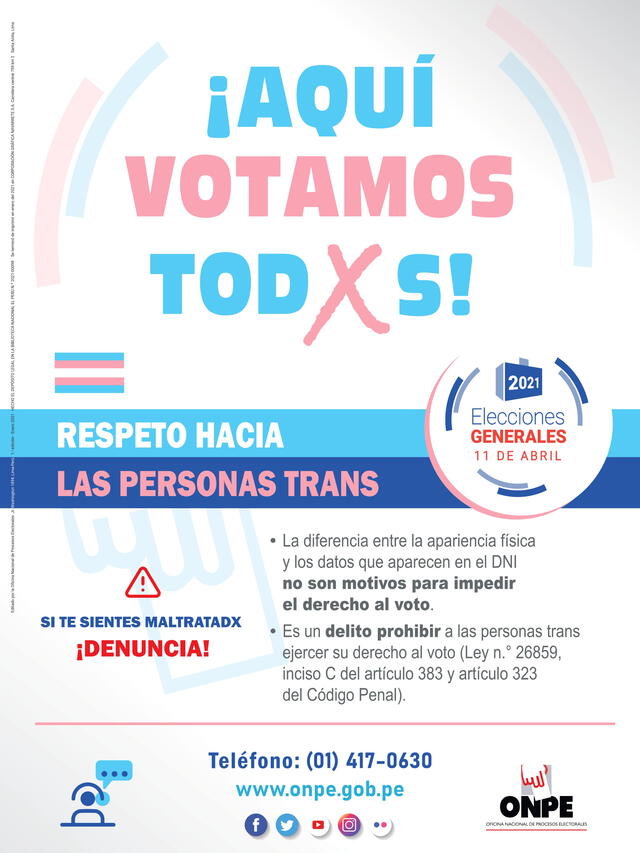 ONPE insta a unas elecciones electorales del 2021 sin transfobia. Foto: ONPE