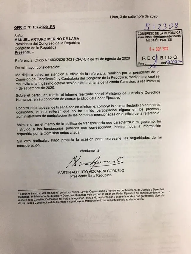 Martín Vizcarra no acepta invitación de la Comisión de Fiscalización del Congreso