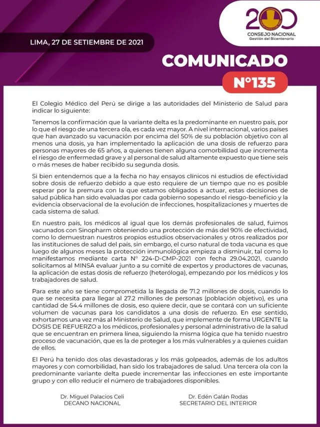 Comunicado del Colegio Médico del Perú. Foto: CMP