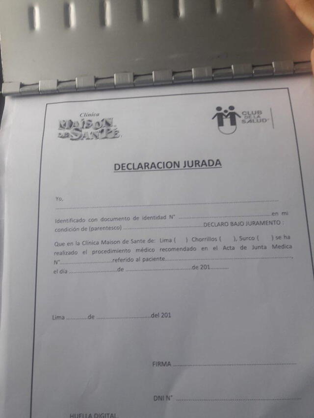Declaración Jurada entregada por la clínica Maison de Santé del Cercado de Lima.