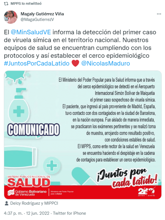 Ministra de Salud, Magaly Gutiérrez Viña, informó sobre el primer caso de viruela del mono que se registra en Venezuela. Foto: captura Twitter