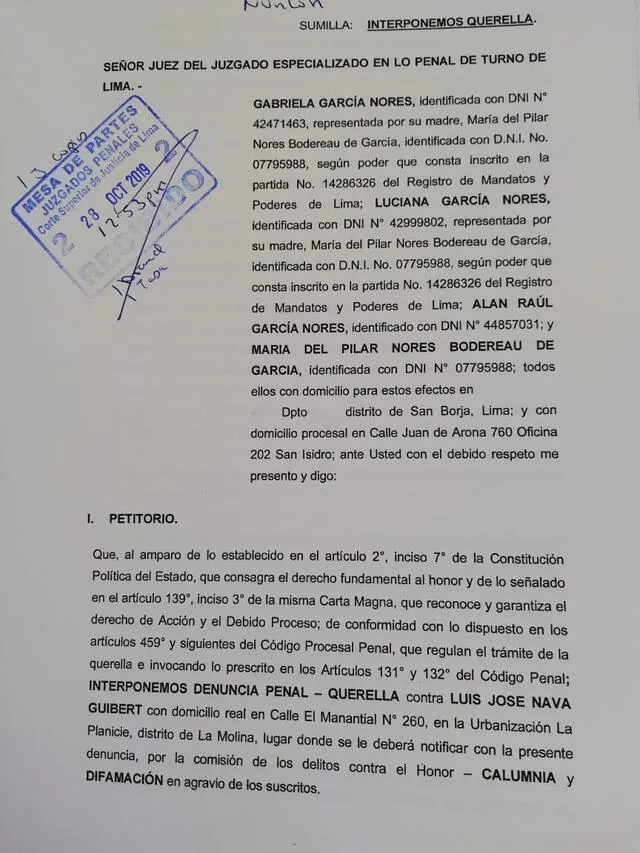 Denuncia de los hijos de Alan García y Pilar Nores contra Luis Nava por presunta difamación y calumnia.