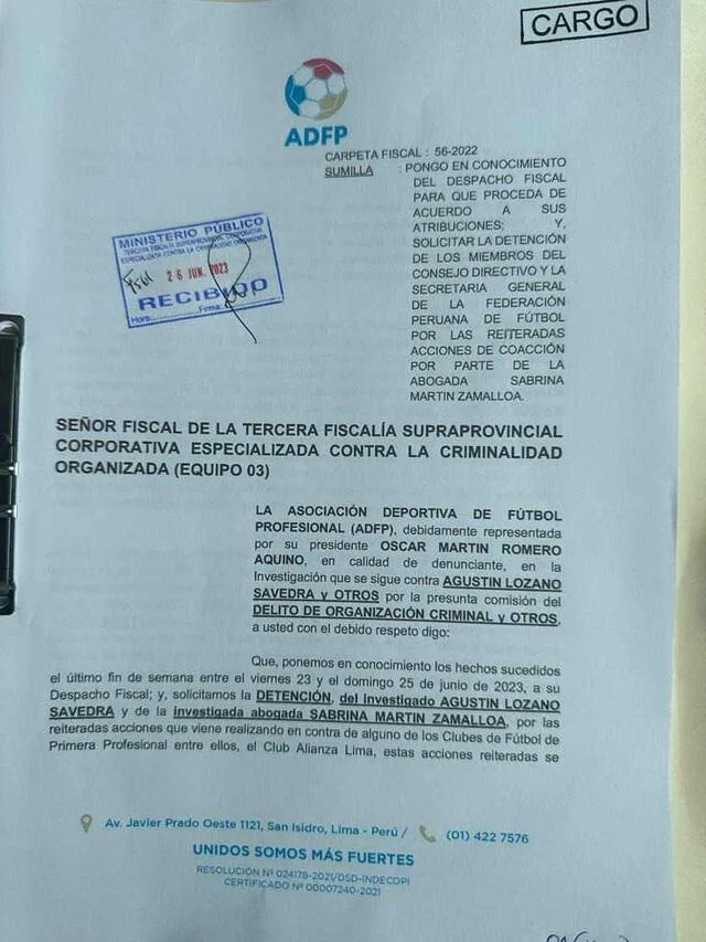 Documento oficial de la denuncia de Óscar Romero. Foto: Difusión   