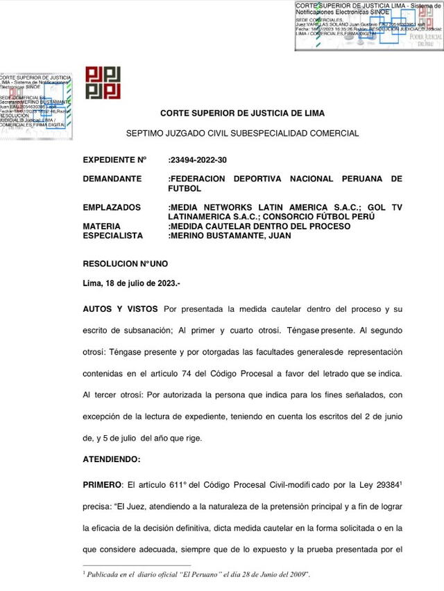 Documento de la Corte Superior de Lima sobre el caso de los derechos de transmisión. Foto: captura de documento   
