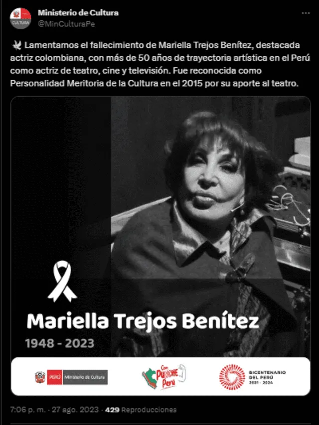 Mincul lamenta la muerte de Mariella Trejos. Foto: Twitter   