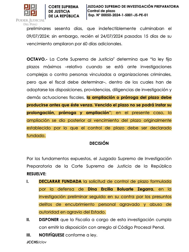 PJ declara fundado control de plazos solicitado por Dina Boluarte.   