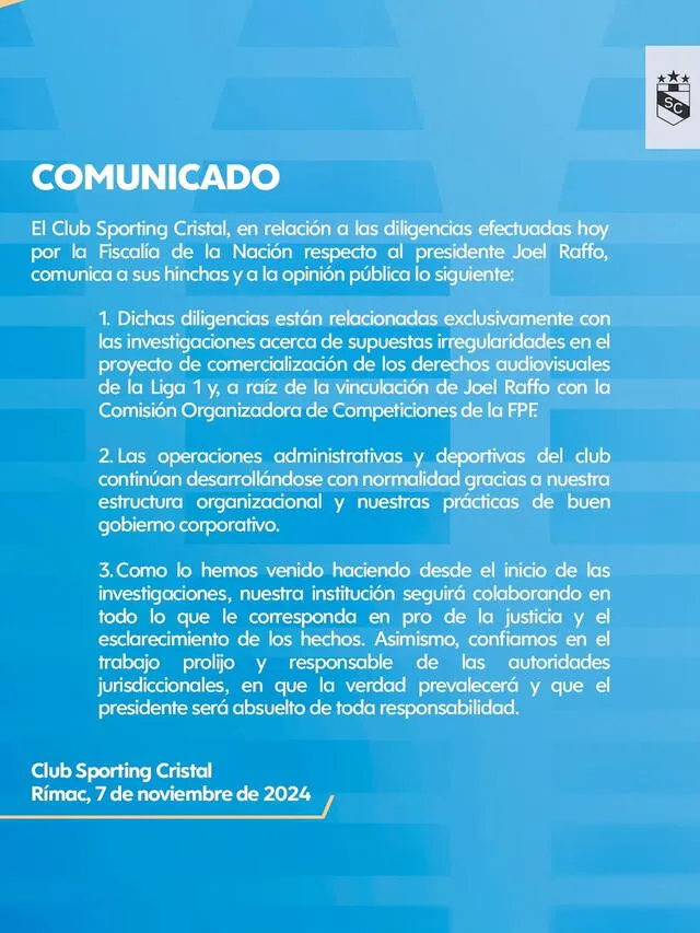  Comunicado oficial de Sporting Cristal, tras la detención de Joel Raffo. Foto: Sporting Cristal.<br><br>    