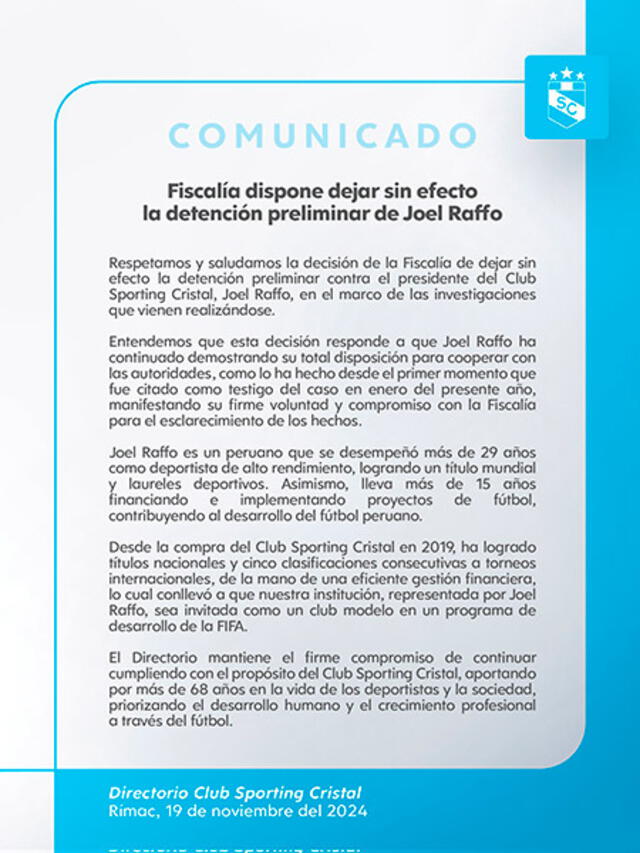 Comunicado de Sporting Cristal. Foto: captura de X.   