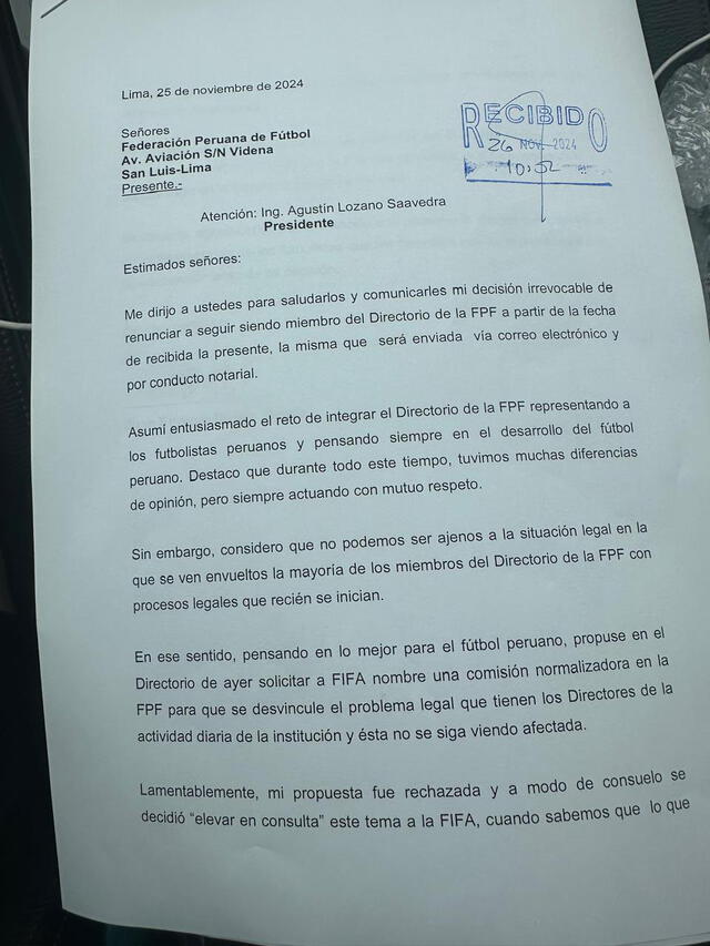  Carta de renuncia de Enrique Dupuy. Foto: X    