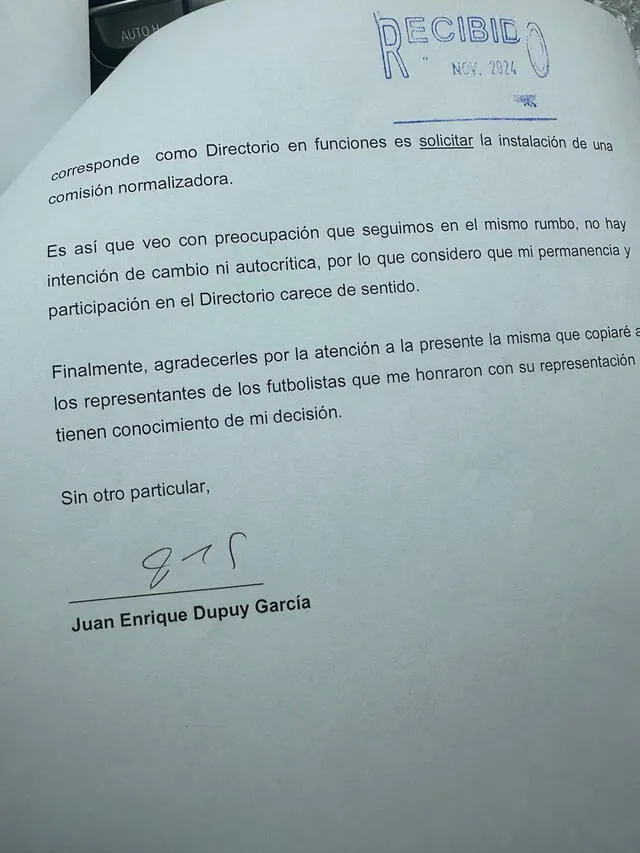  Carta de renuncia de Enrique Dupuy. Foto: X   