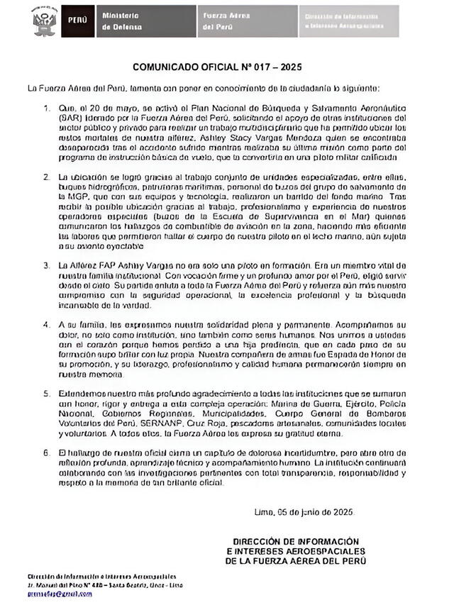 Comunicado de Fuerzas Armadas del Perú sobre Ashley Vargas. Foto: FAP Comunicado de Fuerzas Armadas del Perú sobre Ashley Vargas. Foto: FAP