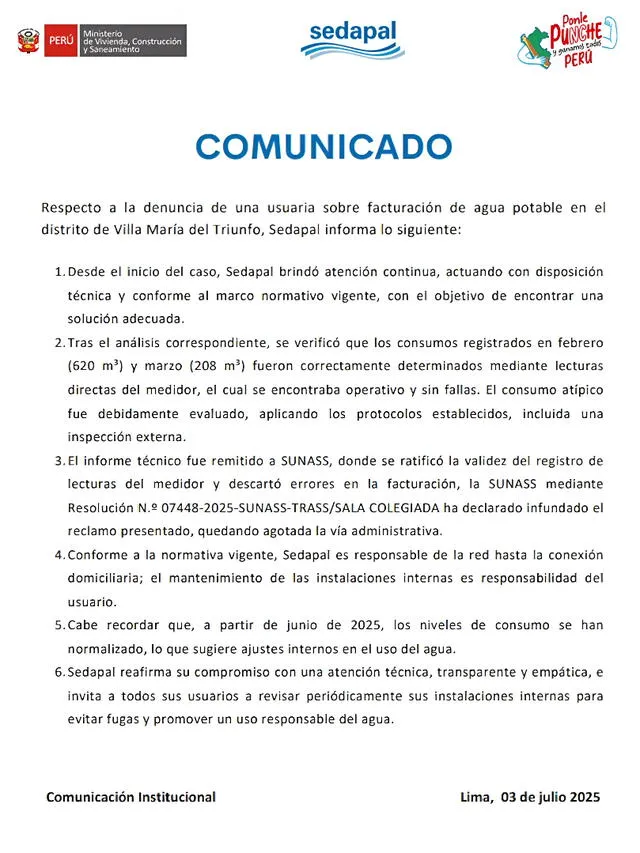  Comunicado Sedapal. Foto: Sedapal   