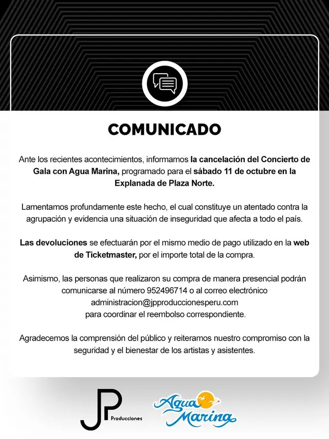  Cancelan concierto de gala de Agua Marina en la Explanada de Plaza Norte. Foto: JP Producciones   