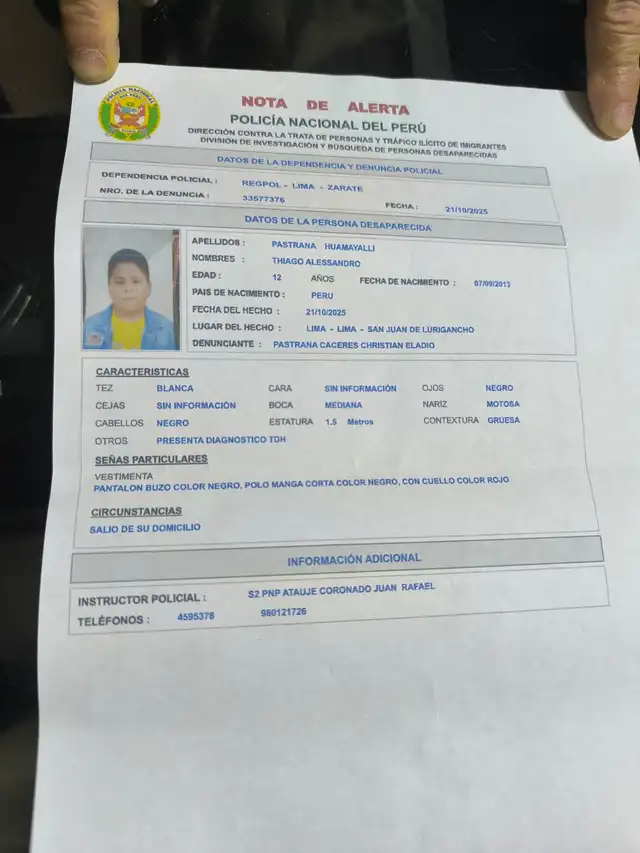 Denuncia de la desaparición de Thiago Alessandro Pastrana Huamyalli. Foto: Difusión Denuncia de la desaparición de Thiago Alessandro Pastrana Huamyalli. Foto: Difusión