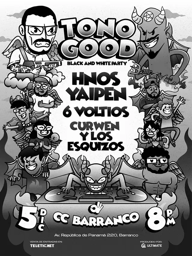 Hermanos Yaipén, Curwen y los esquizos y 6 Voltios serán parte del ‘Tono Good Black and white party’. Hermanos Yaipén, Curwen y los esquizos y 6 Voltios serán parte del ‘Tono Good Black and white party’.