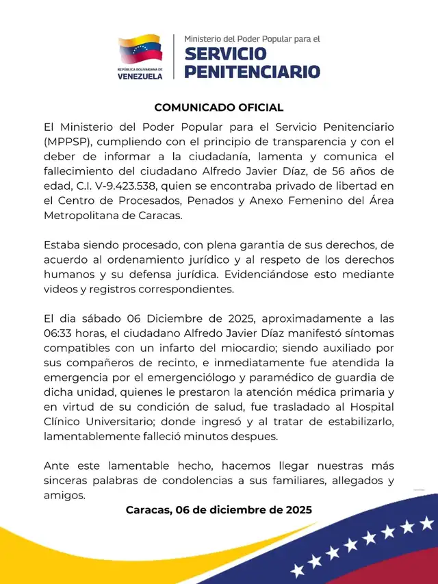 Régimen de Maduro comunicó la muerte de Díaz bajo la causa de un infarto del miocardio. Régimen de Maduro comunicó la muerte de Díaz bajo la causa de un infarto del miocardio.