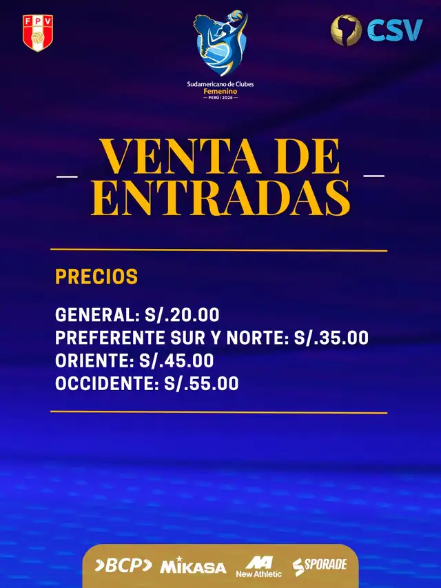 Precio de las entradas para el Sudamericano de Vóley 2026. Foto: FPV Precio de las entradas para el Sudamericano de Vóley 2026. Foto: FPV