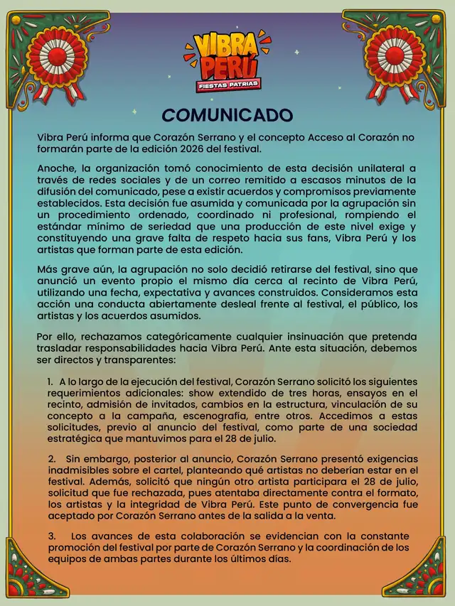 El festival Vibra Perú 2026 confirmó a Juanes, Gian Marco y Corazón Serrano como artistas estelares, mientras que la agrupación de Pacaipampa se retira del evento. El festival Vibra Perú 2026 confirmó a Juanes, Gian Marco y Corazón Serrano como artistas estelares, mientras que la agrupación de Pacaipampa se retira del evento.