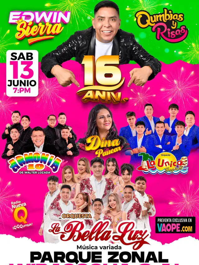Edwin Sierra celebra los 16 años de su programa ‘Qumbias y risas’ con una gran fiesta el sábado 13 de junio en el Parque Zonal Wiracocha, San Juan de Lurigancho. Edwin Sierra celebra los 16 años de su programa ‘Qumbias y risas’ con una gran fiesta el sábado 13 de junio en el Parque Zonal Wiracocha, San Juan de Lurigancho.