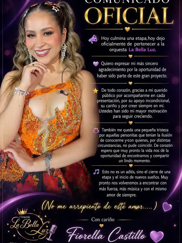 Cantante Fiorella Castillo se va de La Bella Luz.