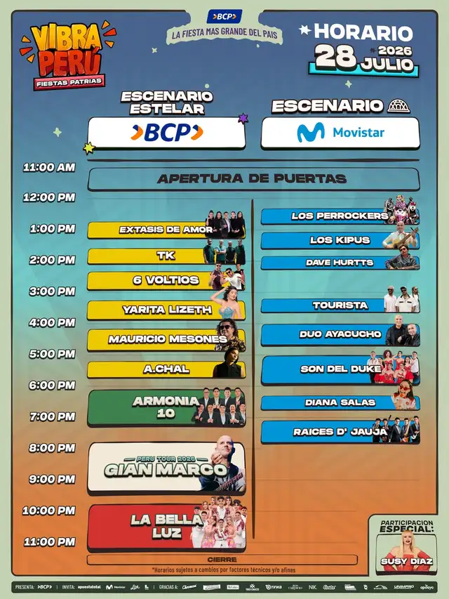 Horarios de la fecha 1 del Vibra Perú 2026 (28 de julio).