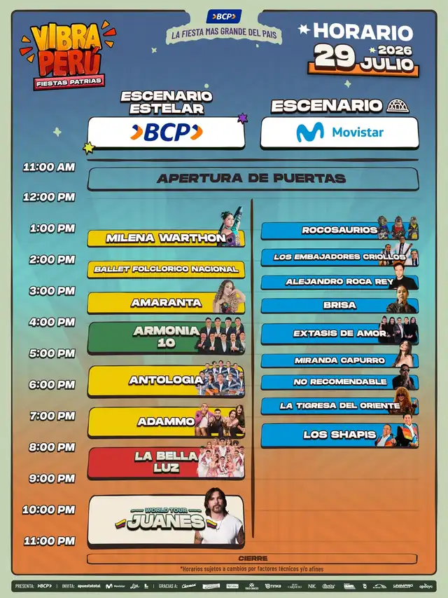 Horarios de la fecha 2 del Vibra Perú 2026 (29 de julio).