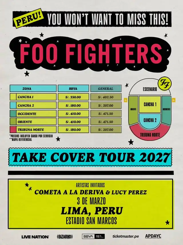 Zonas y precios para el concierto de Foo Fighters en Perú 2027 Zonas y precios para el concierto de Foo Fighters en Perú 2027