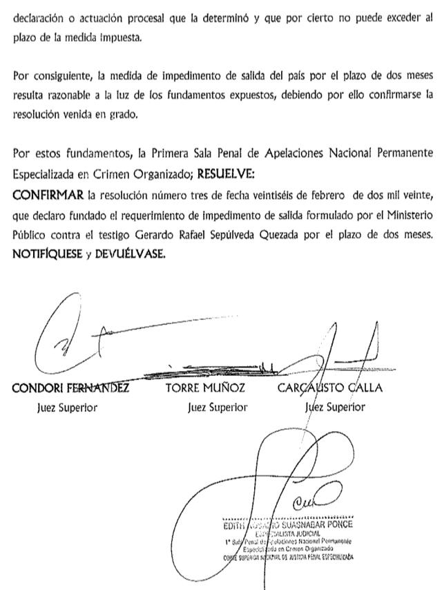 Confirmación del pedido de impedimento de salida de Gerardo Sepúlveda.