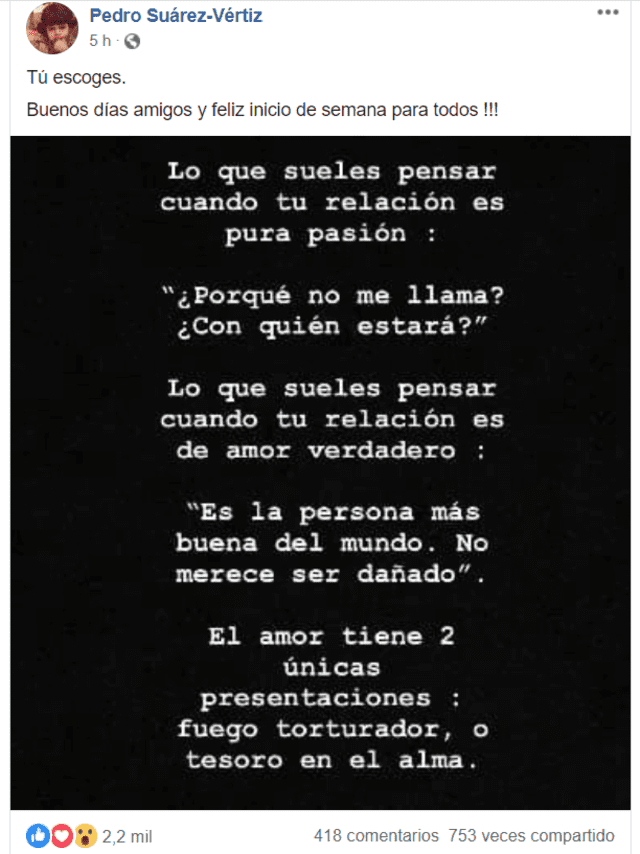 Mensaje de Pedro Suárez Vértiz  en Facebook. (Foto: captura)