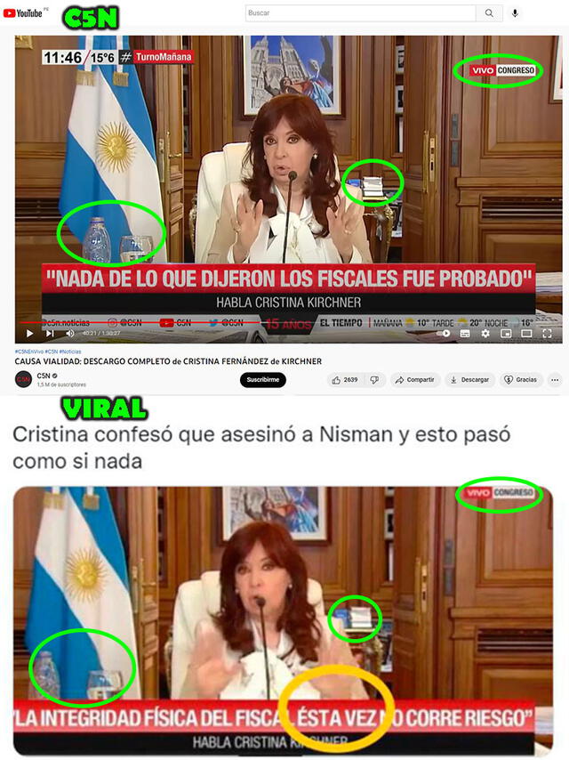 Comparación de imágenes. Foto: capturas  en Youtube-C5N (arriba) y en Facebook (abajo).