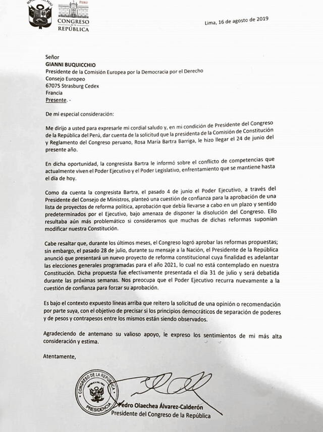 La carta de Pedro Olaechea a la Comisión de Venecia. Fuente: El Comercio.