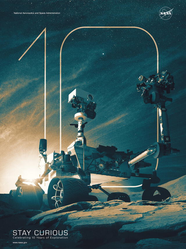 Póster de la NASA para el aniversario e los 10 años de funcionamiento de su róver Curiosity. Foto: NASA