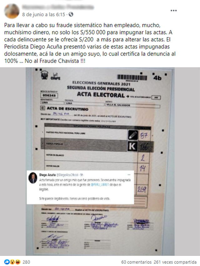 Según un posteo en Facebook, Perú Libre pretendería afectar el proceso electoral y una de las evidencias sería un acta “impugnada”, difundida en Twitter por el periodista Diego Acuña. Foto: captura en Facebook.