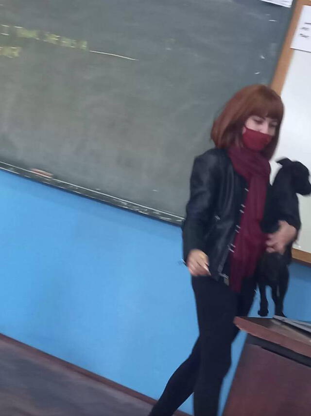 Profesora se hace viral al cargar y consolar a una perrita que había ingresado asustada a su clase