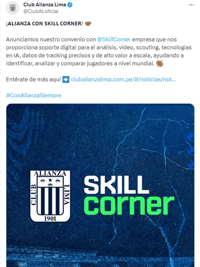 Alianza firmó convenio con SkillCorner. Foto: X/AlianzaLima.   