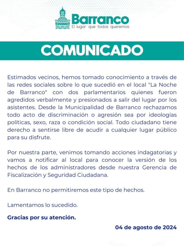 Municipalidad de Barranco se pronuncia sobre insultos a Patricia Chirinos. Foto: Facebook   