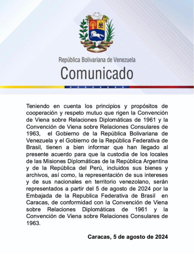 Comunicado de la Cancillería de Venezuela anunció medias tras expulsión de diplomacia de Perú y Argentina. Foto: Cancillería de Venezuela/Twitter   