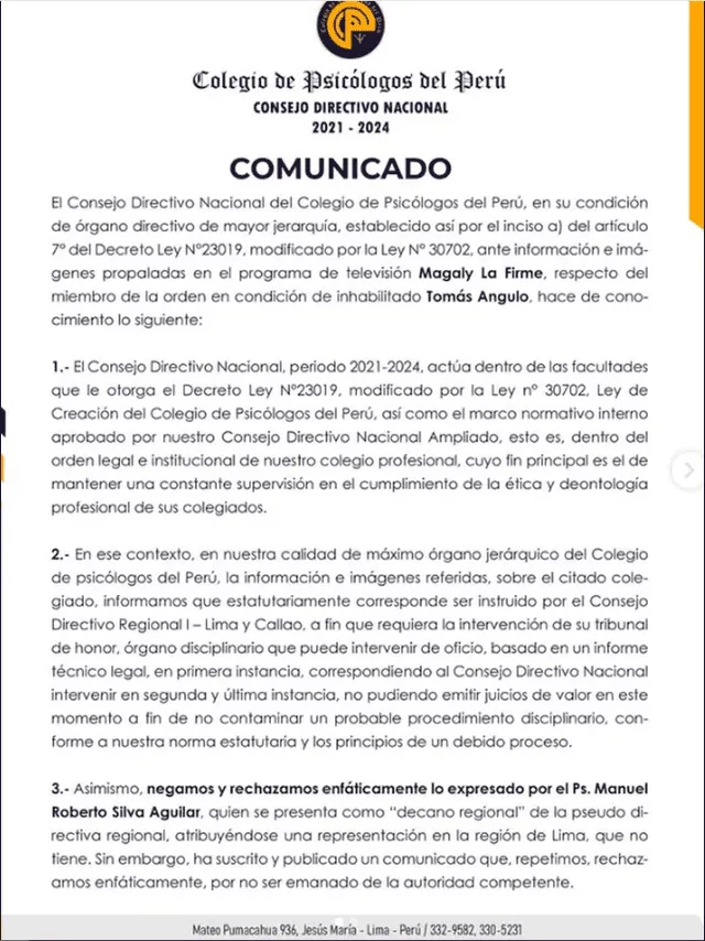 Colegio de Psicólogos de Perú aclarando que el comunicado 'machista' no tiene validez. Foto: Facebook.   