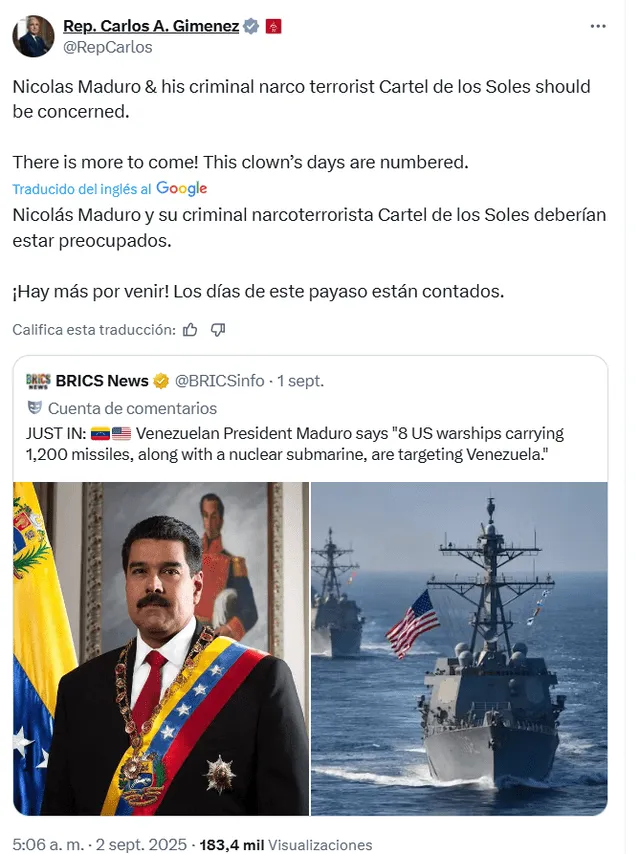  Carlos Giménez advirtió a Nicolás Maduro tras el despliegue naval de Estados Unidos. Fuente: X   