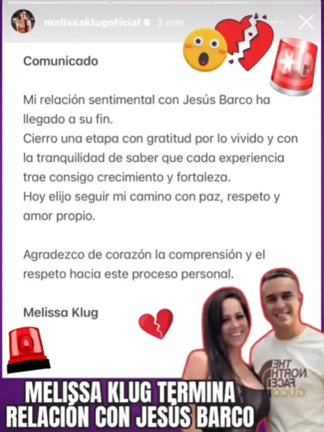 Melissa Klug anunciando el fin de su relación con Jesús Barco. Foto: Instagram.
