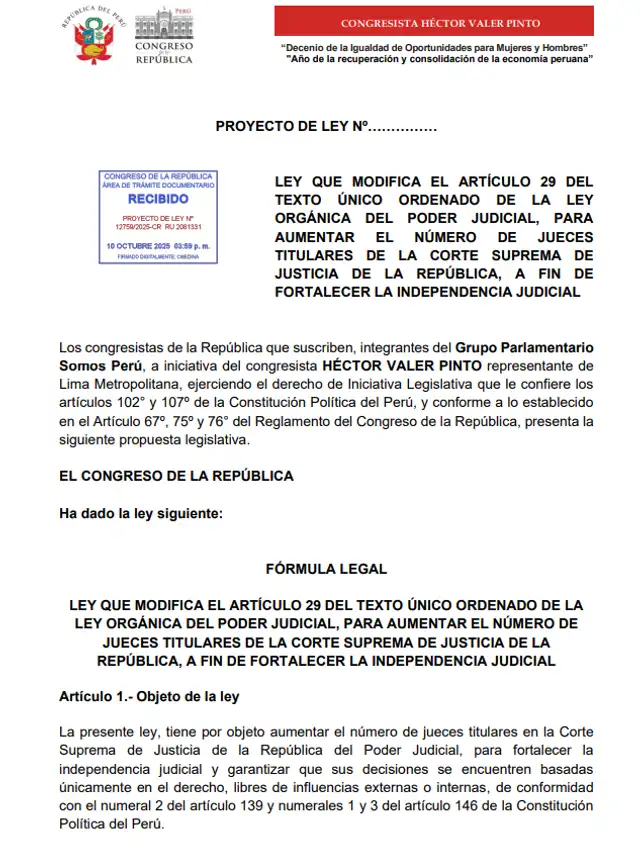 Proyecto de ley fue propuesto por Héctor Valer.   