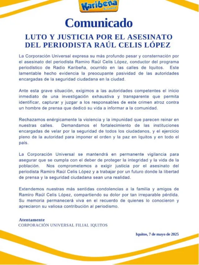 Statement made by Karibeña radio about the incident in Iquitos. Photo: Radio Karibeña. Statement made by Karibeña radio about the incident in Iquitos. Photo: Radio Karibeña.