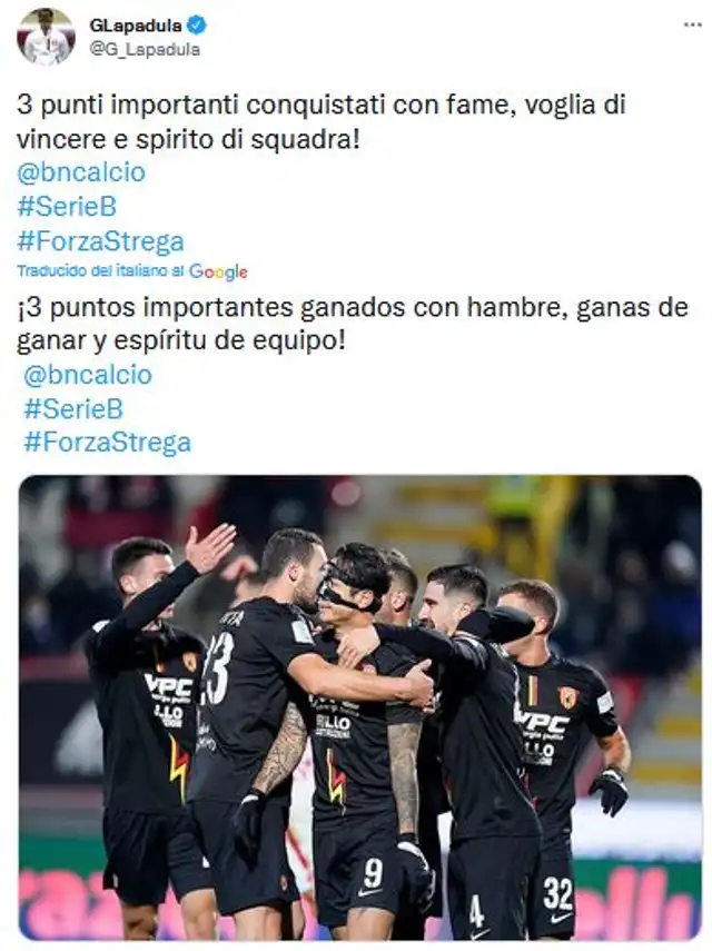 Publicación de Gianluca Lapadula tras triunfo del Benevento Publicación de Gianluca Lapadula tras triunfo del Benevento