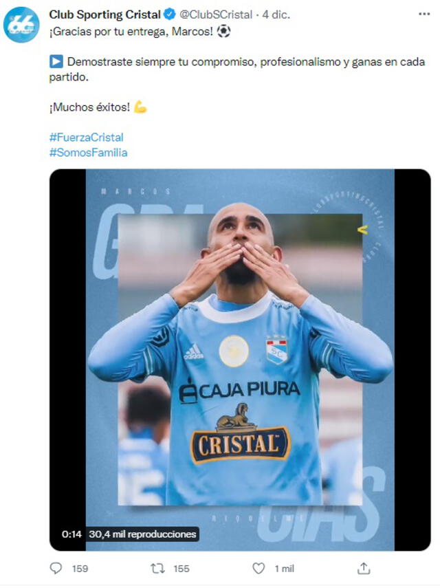 Marcos Riquelme. Fuente: Twitter Sporting Cristal