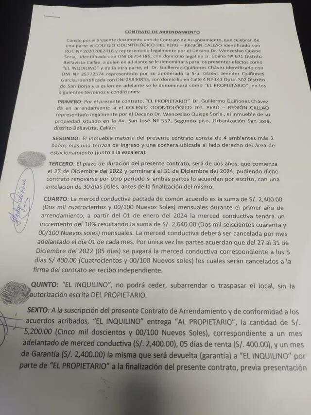 Claúsulas del contrato de arrendamiento del local pagado por el Colegio Odontológico del Callao. Foto: La República   