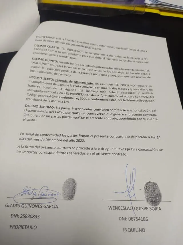  Contrato de arrendamiento firmado por Wenceslao Quispe Soria. Foto: La República    