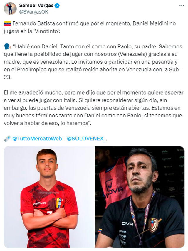 Publicación de Samuel Vargas sobre las declaraciones de Fernando Batista sobre Daniel Maldini. Foto: SVargasOK / Twitter   