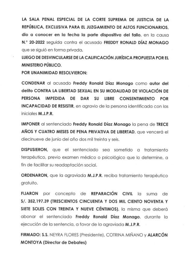  Fallo del Poder Judicial que condena a Freddy Díaz Monago a 13 años y 4 meses de prisión. | Foto: Poder Judicial / X.   