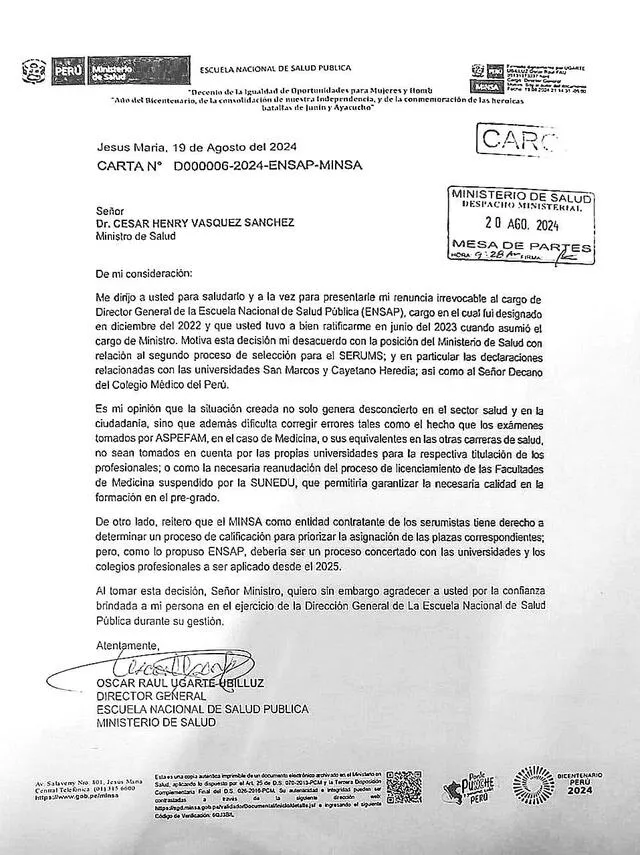 Esta fue la carta que emitió Oscar Ugarte para renunciar. Foto: Difusión   