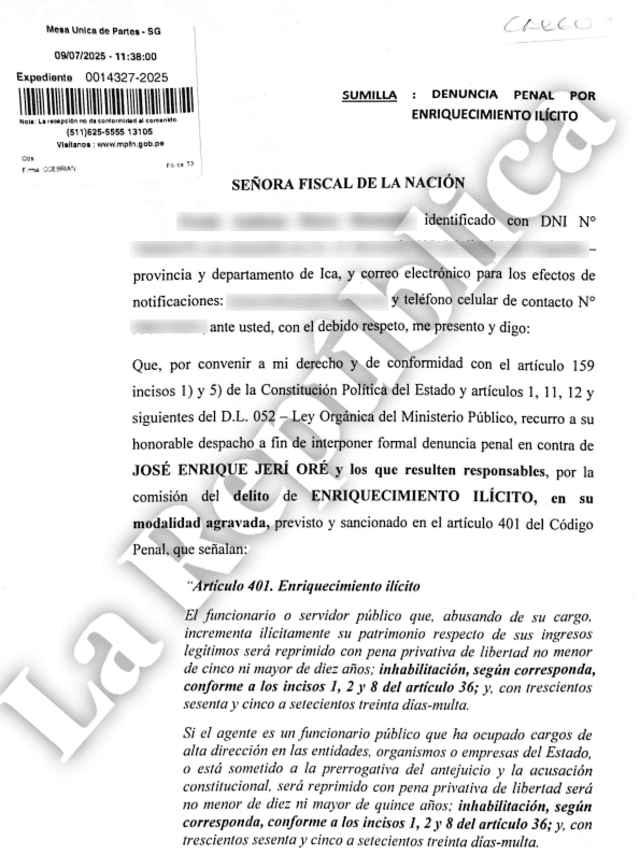 Denuncia por enriquecimiento ilícito contra José Jerí. Foto: La República   